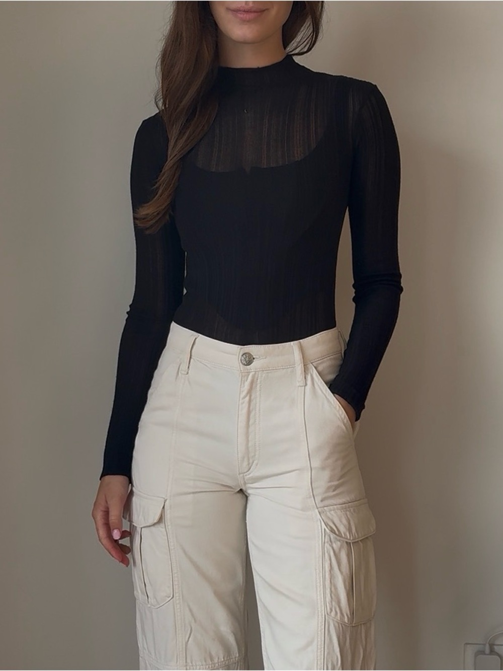 Black Sheer Ribbed Long-Sleeve Top